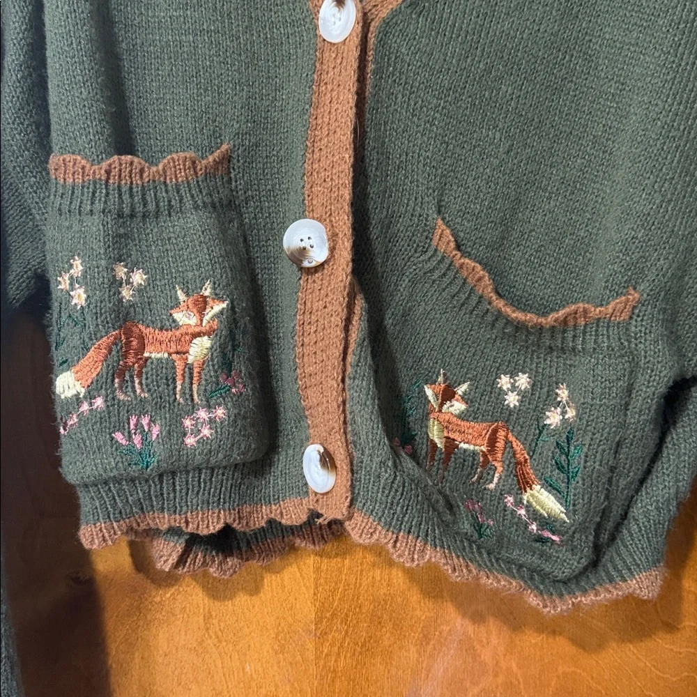 Olive Green V-Neck Embroidered Fox Pocket Women's Cardigan Sweater - Picture 2 of 4